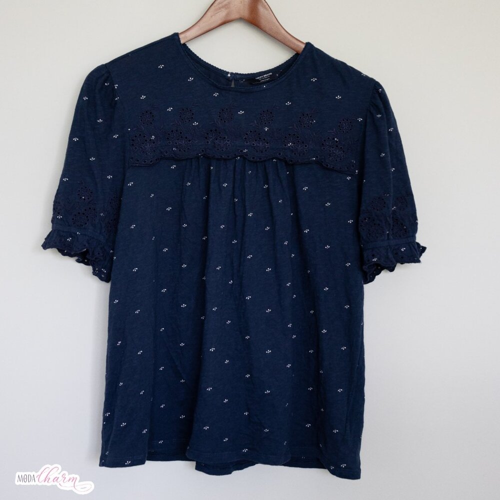 Navy Blue Embroidered Babydoll Top